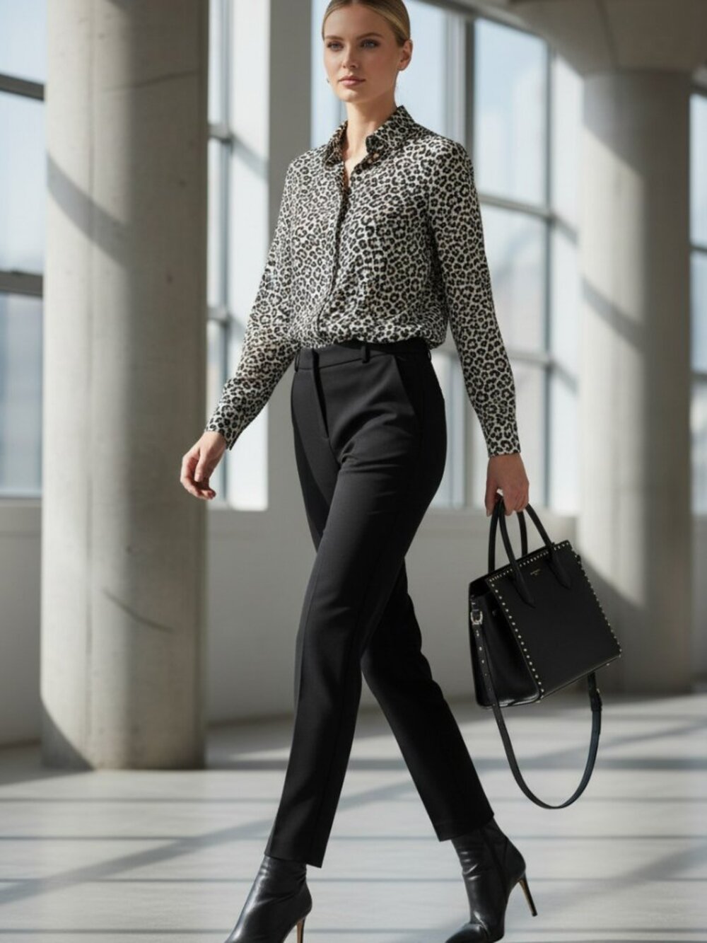 Vince Camuto Black White Leopard Print Button Front Blouse Size Small